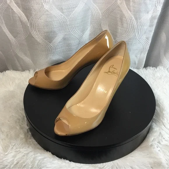 Christian Louboutin Beige Patent Peep-Toe Pumps - Picture 6 of 15